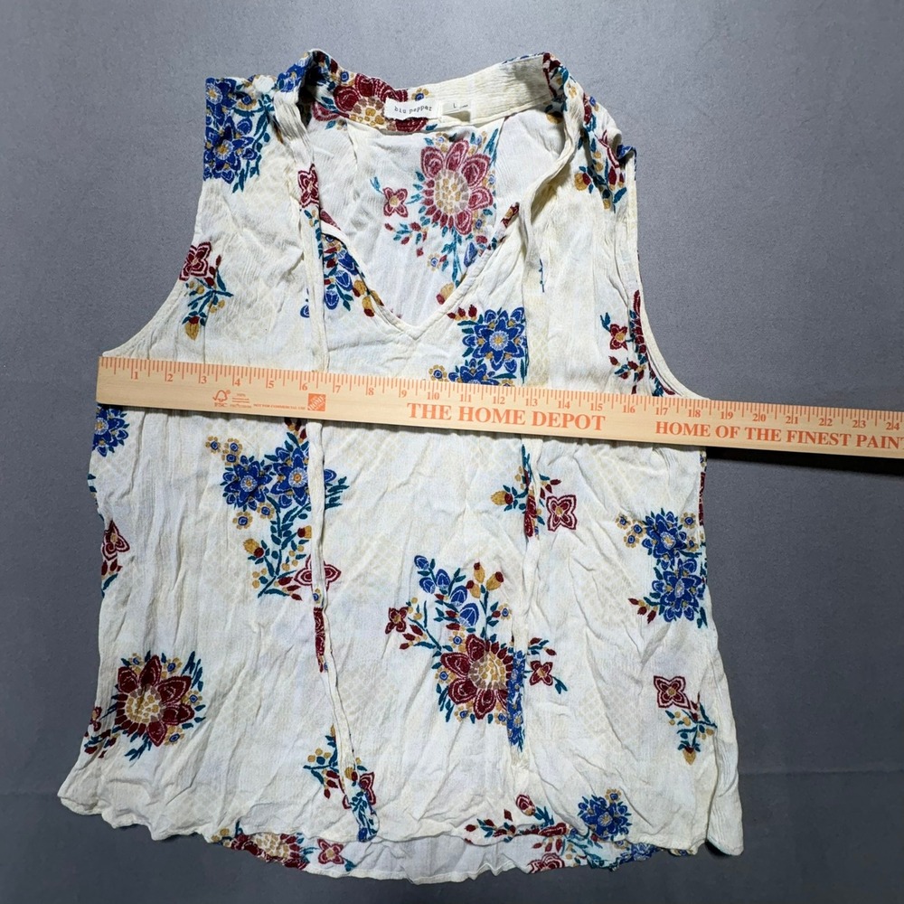 Blu Pepper Floral Sleeveless Blouse Cream Blue V-Neck Rayon Top BA6964 L - Picture 4 of 10